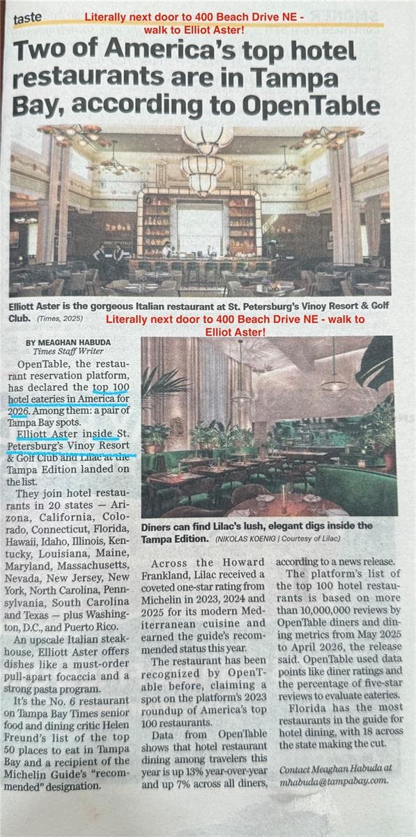 Open Tables TOP 100 eateries in America in a hotel - one, Elliot Aster is right next door! - 400 BEACH DR NE #401, ST PETERSBURG