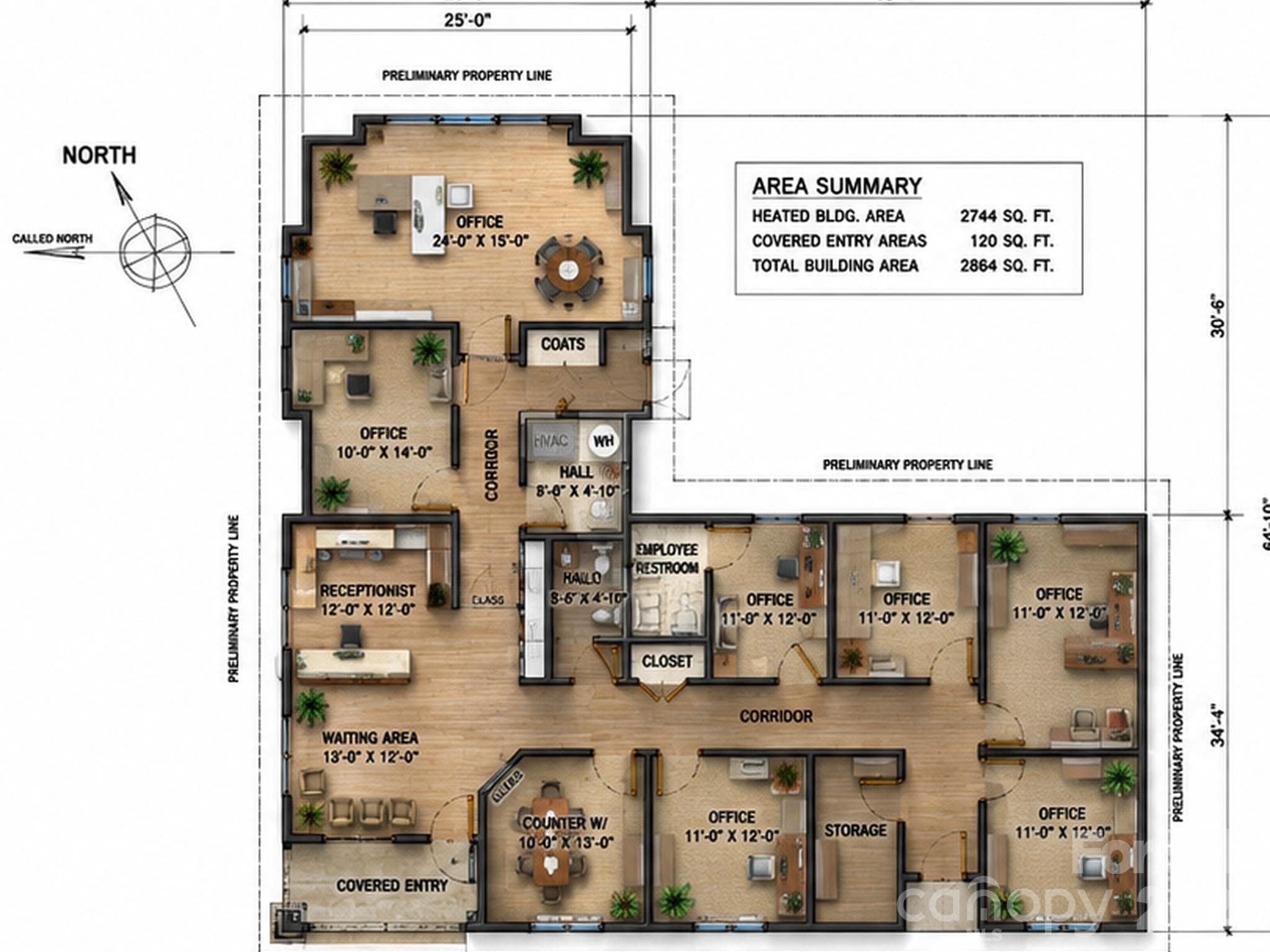 Thoughtfully designed office floor plan featuring multiple private offices, reception area, conference room, breakroom, and efficient workflow throughout. - Brevard