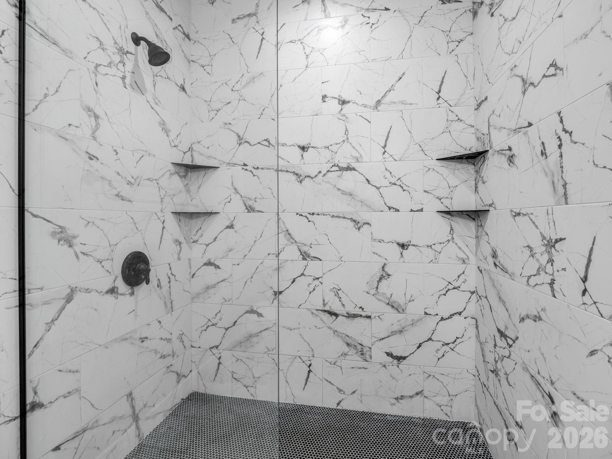 Shower in Primary bath with custom glass wall. - 180 Ridgeview Drive, Hendersonville
