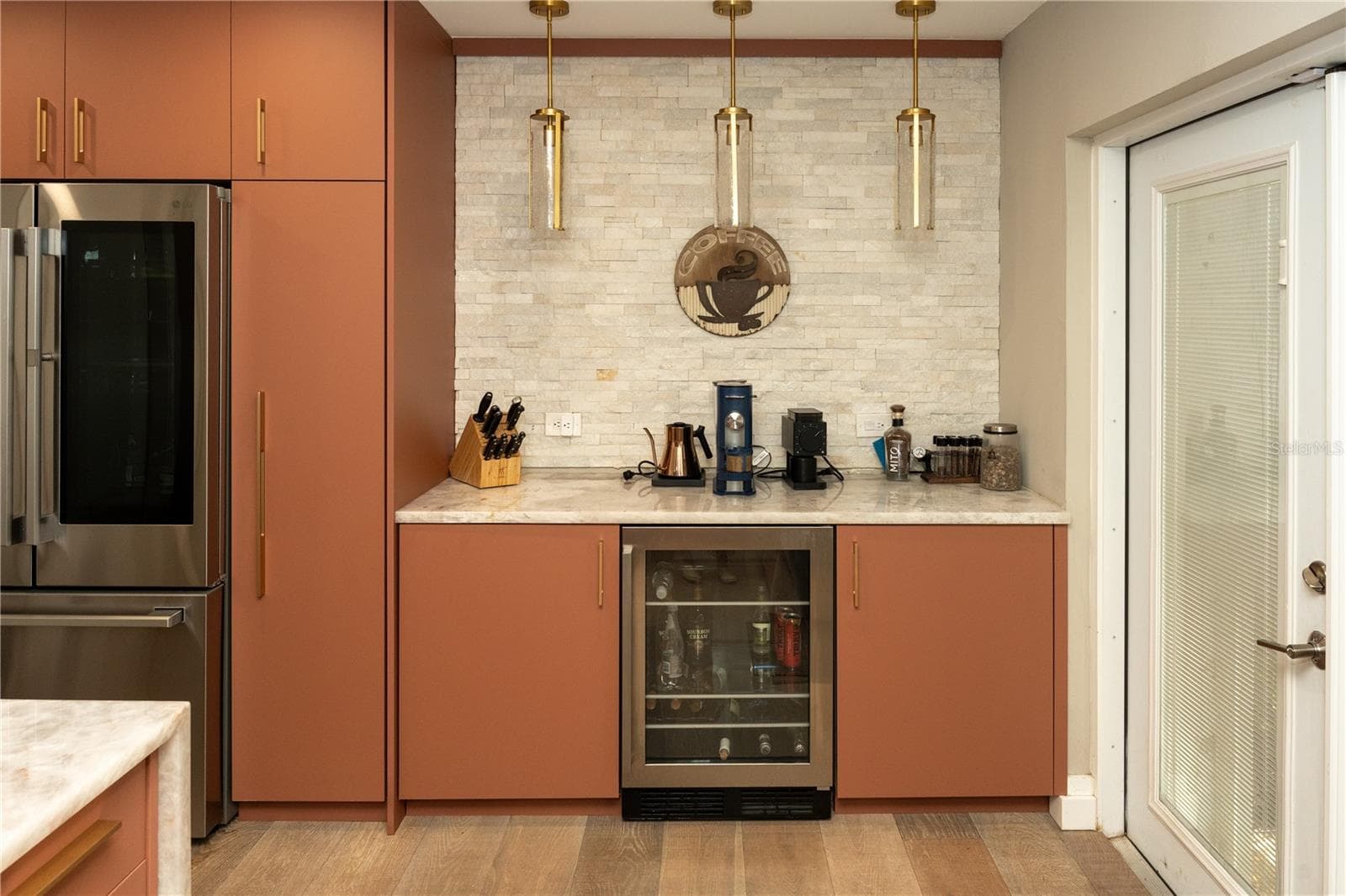 custom built kitchen cabinets natural stone gold finish pulls counter top coffee barwine refrigerater - 10740 NW 12TH MNR, PLANTATION