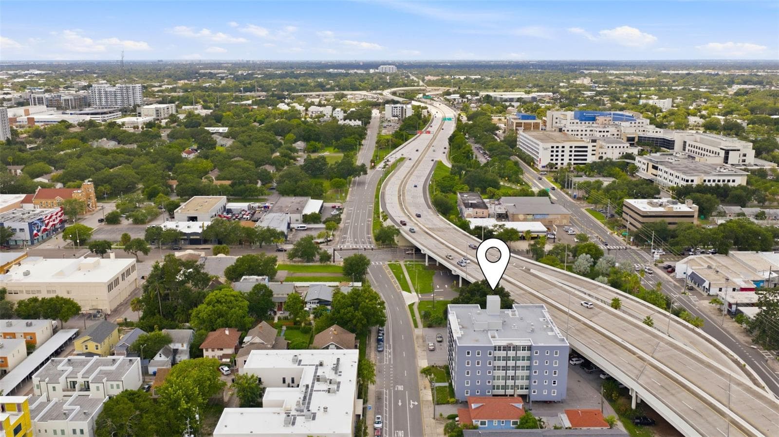 Aerial view highlighting Suncoast Towers and its convenient location near Downtown St. Petersburg with easy access to I-275. - 841 4TH AVE N #27, ST PETERSBURG