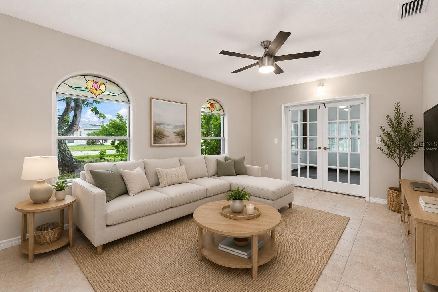 Virtually Staged Living Room with Charming Stained Glass Windows - 1005 ALSTON LN, ENGLEWOOD