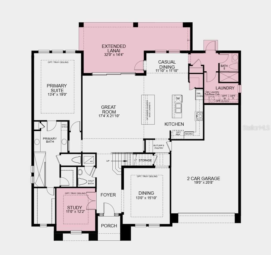 First Floor Plan - Additional Highlights Include: Study in place of flex, extended lanai, downstairs full bathroom, shower at upstairs bath 3, tray ceiling package, 8' interior doors, and sink at laundry - 16237 ALPHA GROVE PL, ODESSA