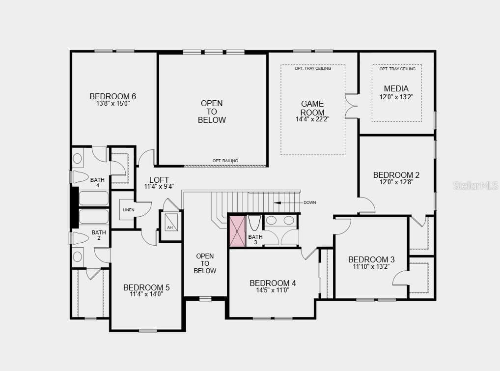 Second Floor Plan - Additional Highlights Include: Study in place of flex, extended lanai, downstairs full bathroom, shower at upstairs bath 3, tray ceiling package, 8' interior doors, and sink at laundry - 16237 ALPHA GROVE PL, ODESSA