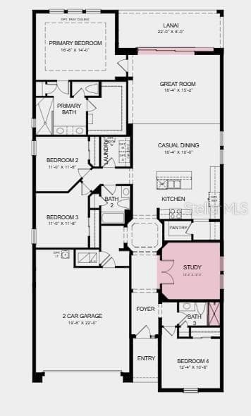 Floor Plan ~ Additional Highlights Include: Tray ceiling at primary suite, shower in place of tub at bath 3, pocket sliding glass doors at great room, 8' interior doors, door at primary closet to laundry room, and study - 15532 FOXTAIL LN, NOKOMIS
