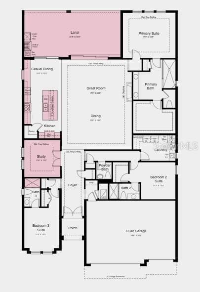 Floor Plan ~ Additional Highlights Include: tray ceiling pkg, shower in place of tub at bath 3, 8' interior doors, rain shower head at primary bath, keyless pad for garage door, gourmet appliance pkg, refrigerator, front load washer and dryer, crown molding and light rail, and garage floor seal with flakes and clear coat - 26128 ASPARANO AVE, ENGLEWOOD