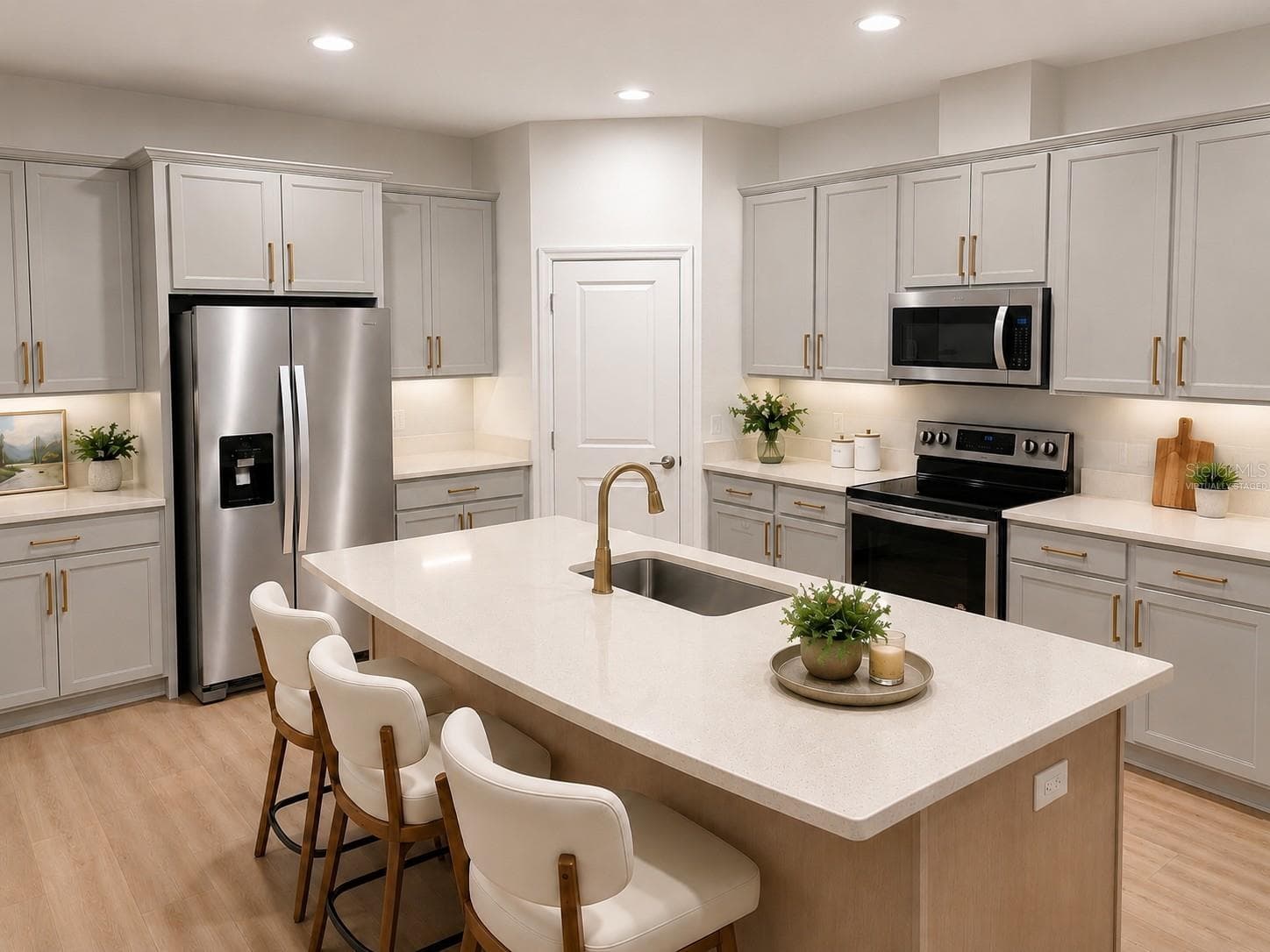 14048 Larkspur Lake Dr - Beautifully updated kitchen with quartz countertops, expansive island, and stainless steel appliances. Virtually staged. - 14048 LARKSPUR LAKE DR, WINTER GARDEN