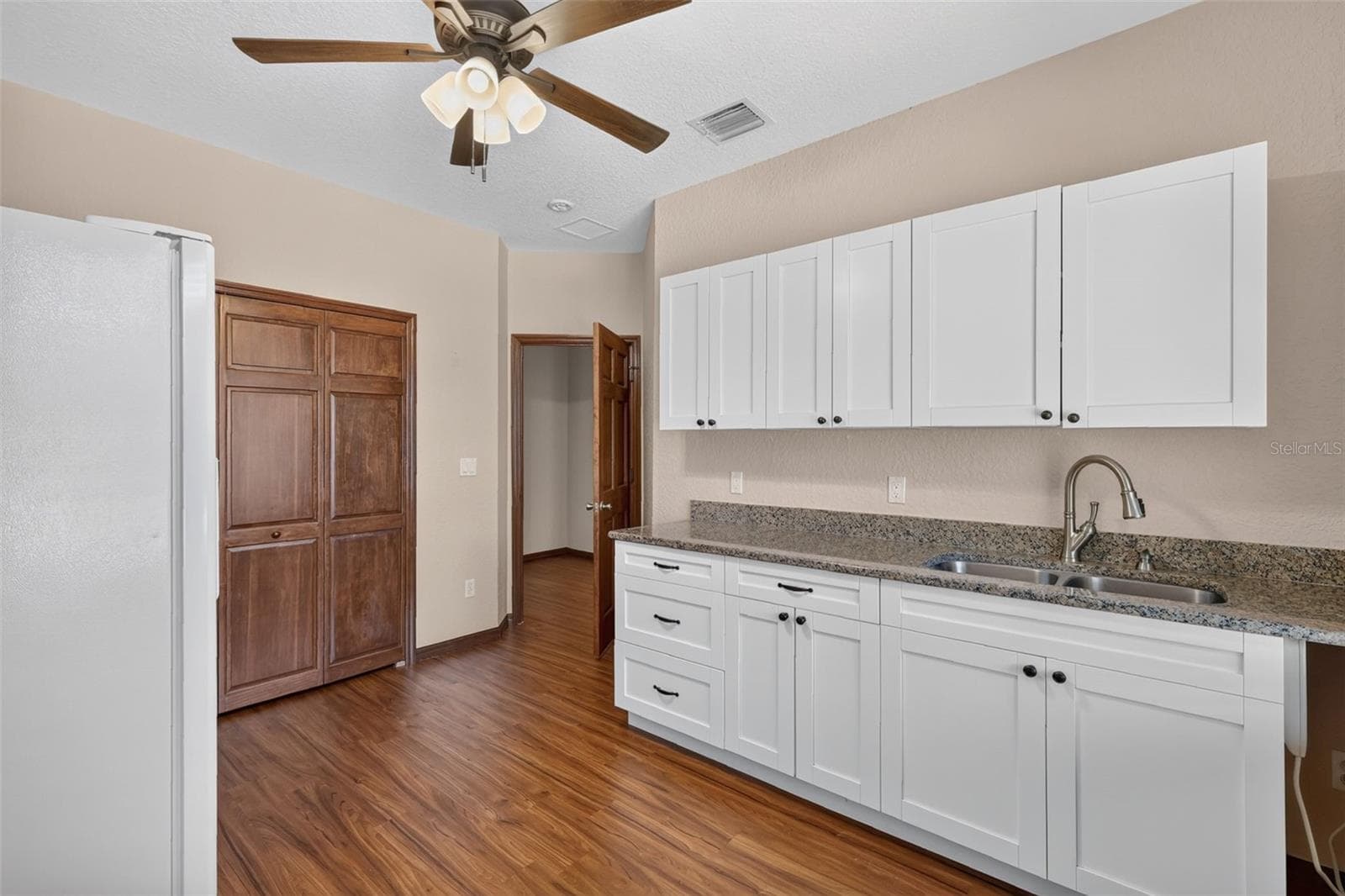 A secondary kitchenette with granite counters, modern white cabinetry, and its own pantry makes this home perfect for multi-generational living or guests. - 4617 ROUND LAKE RD, APOPKA