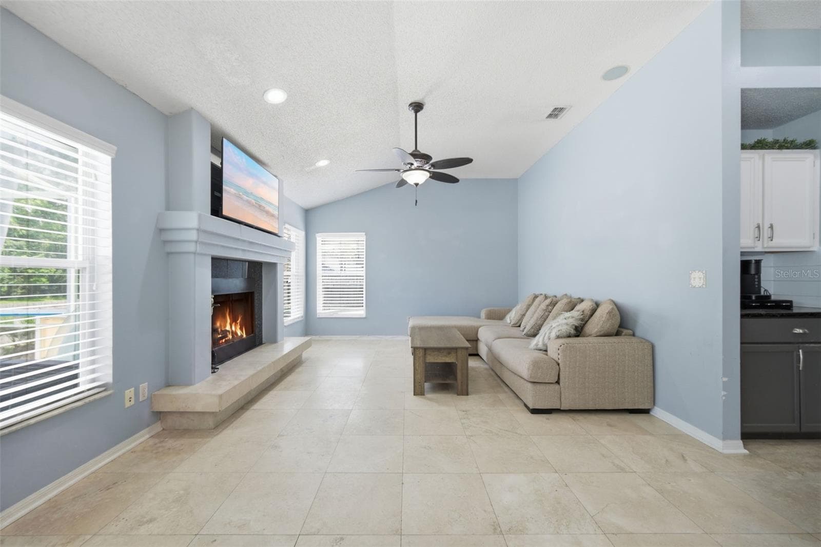 Living Room w/ Wood Burning Fireplace - 28707 RALEIGH PL, WESLEY CHAPEL