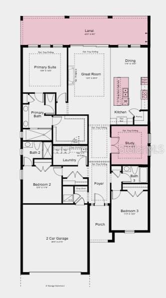 Floor Plan ~ Additional Highlights Include: Gourmet kitchen, waterfall edge counter at kitchen island, 10' ceilings, tray ceiling package, 8' interior doors, interior door at primary closet to laundry, covered extended lanai, study in place of flex, outdoor kitchen rough-in, whole house impact windows, garage floor seal with flakes and clear coat, and pool with spa - 7636 MOONBEAM AVE, SARASOTA