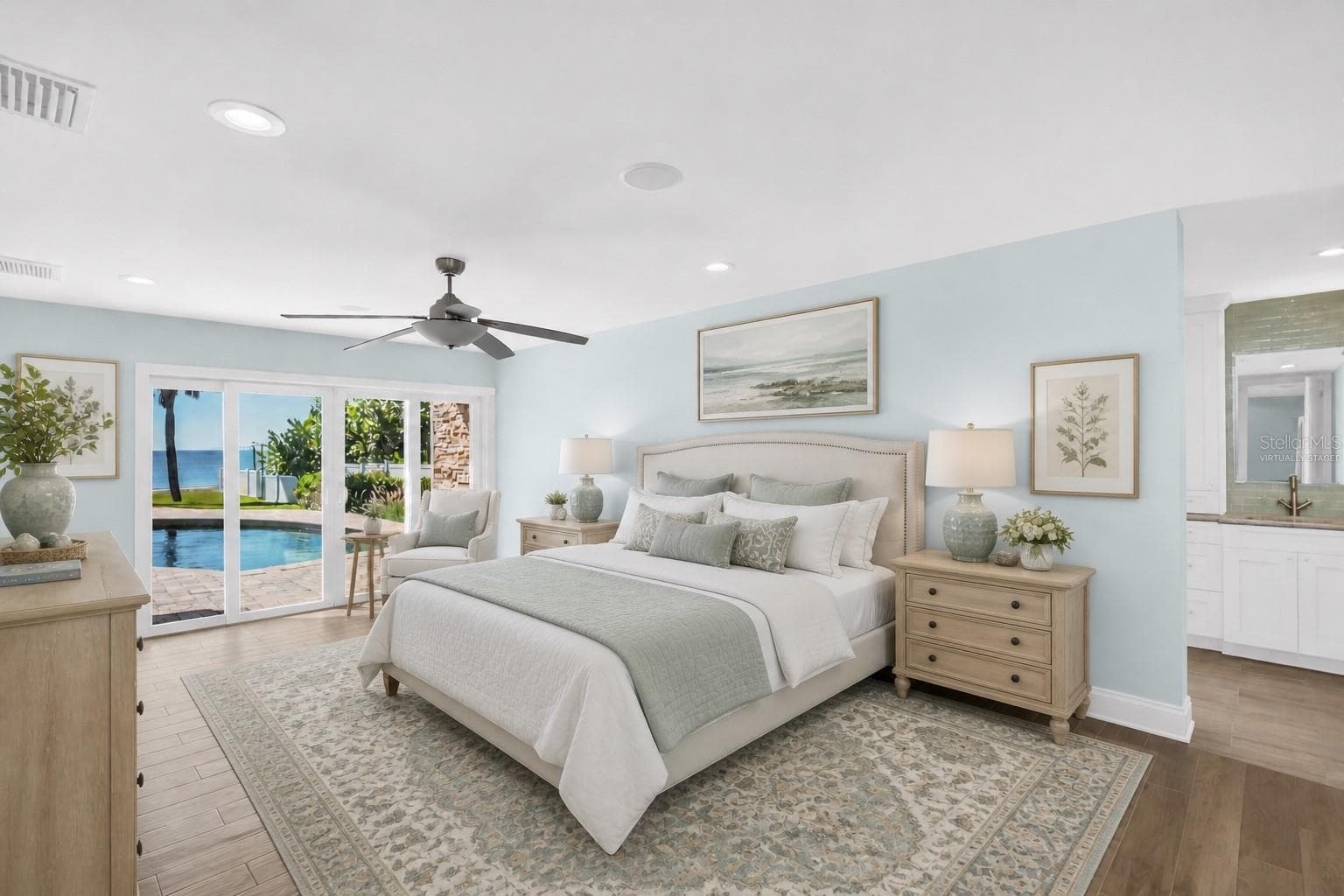Primary Suite with access to the pool and amazing water views-Virtually Staged - 1100 FRIENDLY WAY S, ST PETERSBURG
