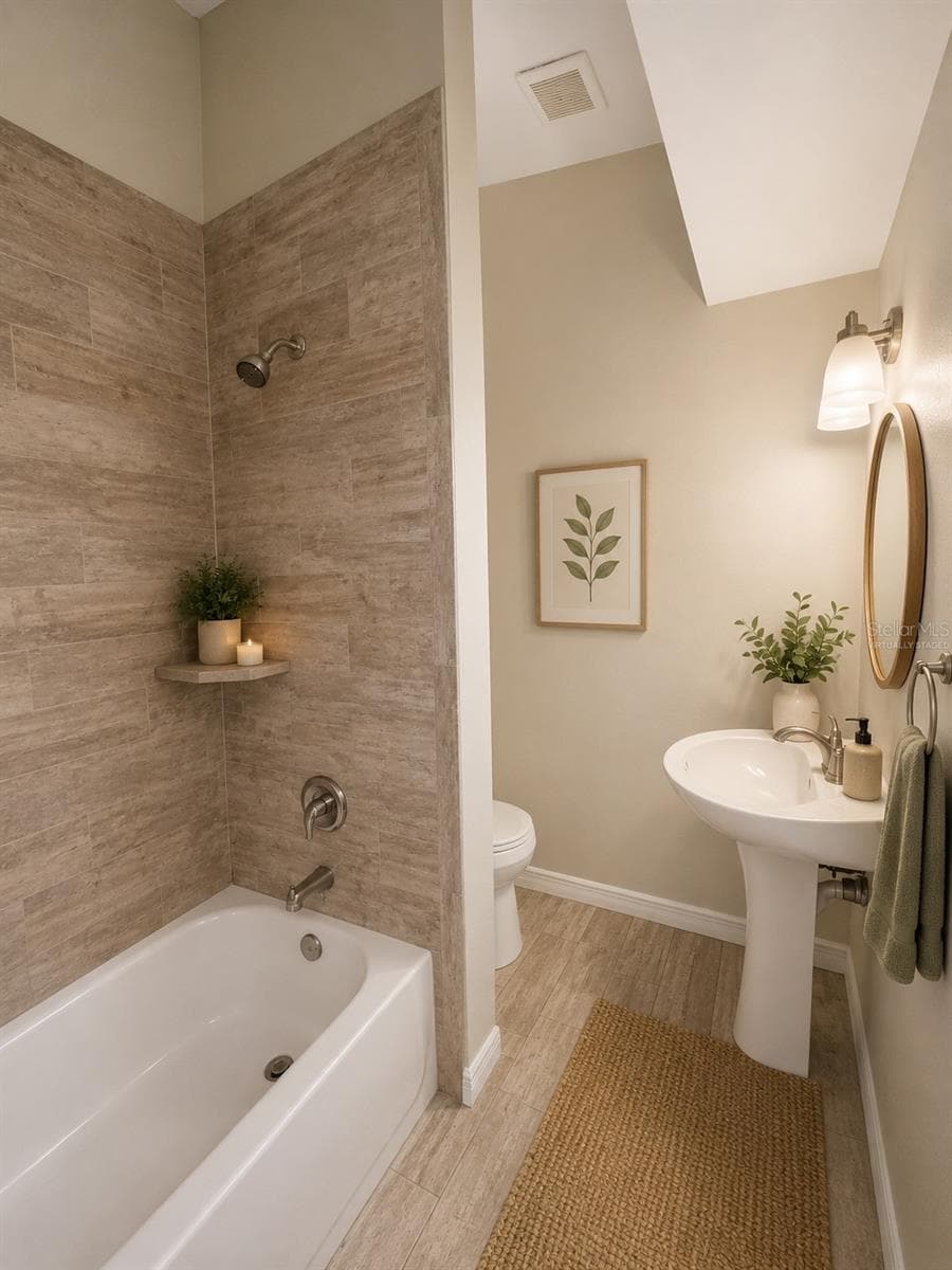 Main Bathroom - Virtually Staged - 623 DEXTER DR, DUNEDIN
