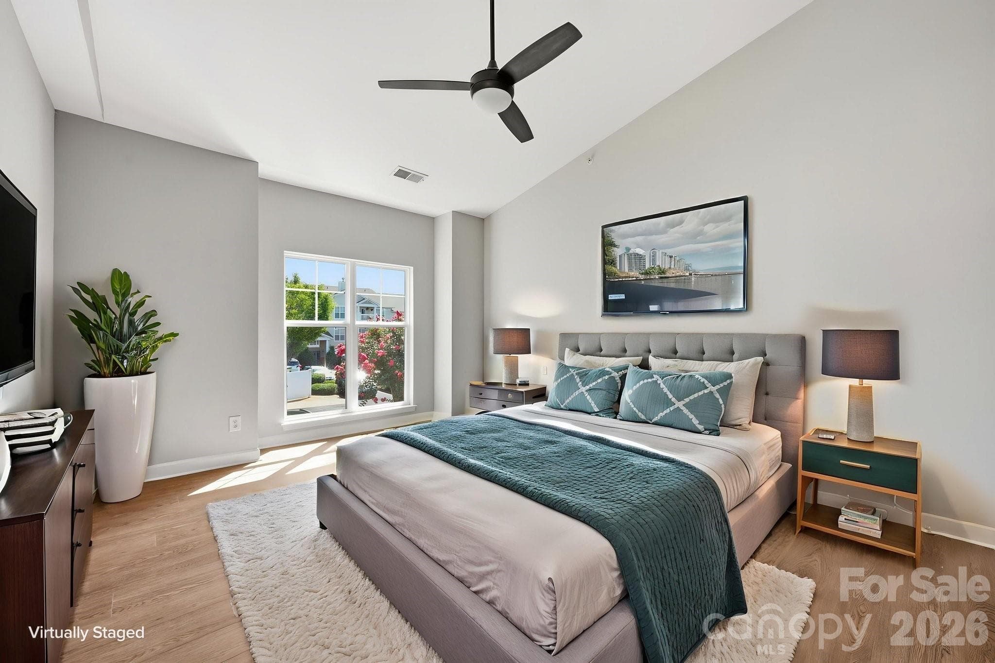 Primary bedroom, large, spacious, vaulted ceiling and large window and natural light - 16648 E Amberside Road, Cornelius