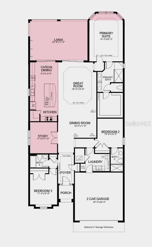 Floor Plan - Additional Highlights Include: outdoor kitchen rough-in, casual dining extension, quartz countertops, 4' garage extension, bay window added to the primary bedroom, and laundry room sink - 30189 IMPERATI BLVD, WESLEY CHAPEL