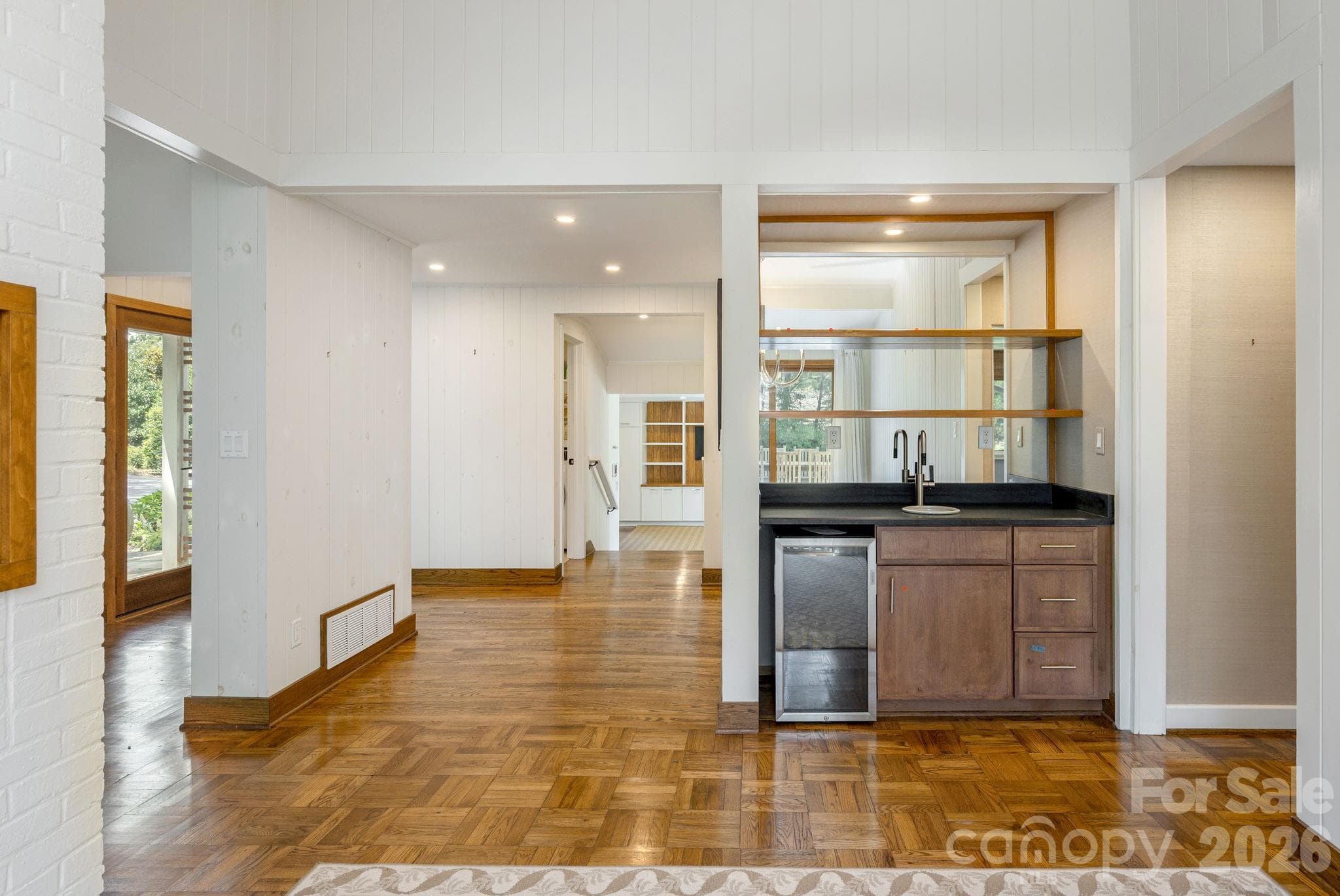 Wet bar with ceramic sink and beverage fridge - 28 Forest Road, Asheville