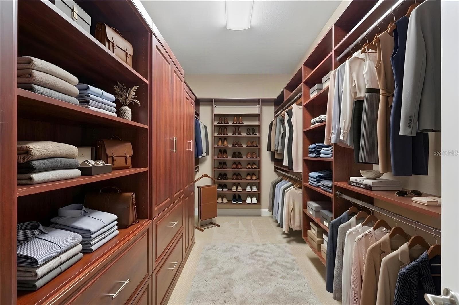 A dream closet in every sense, this expansive primary walk-in turns storage into a beautifully organized space, with custom built-ins, abundant shelving and drawers, multiple hanging areas, dedicated shoe storage and cabinetry that keeps everything neatly in its place. - 1528 FOREST GLEN CT, PALM HARBOR