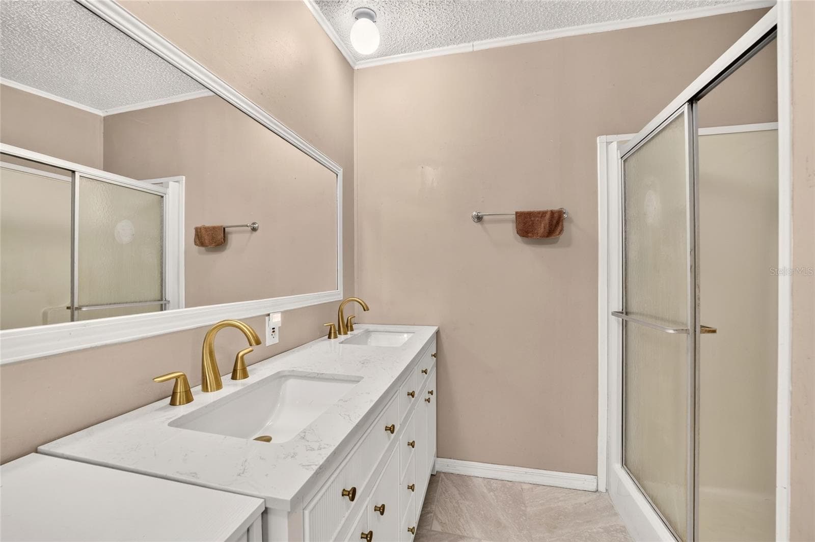 Primary Bathroom Shower and double vanity. - 15355 SE 113TH STREET RD, OCKLAWAHA