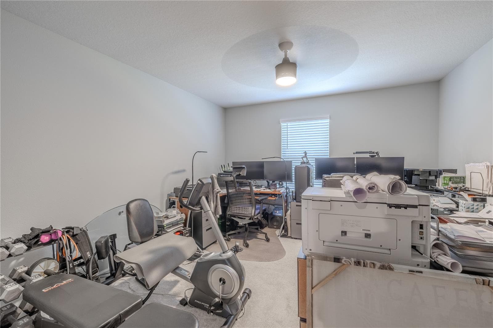 Bedroom 2 is generously sized with neutral walls and carpet, a ceiling fan and a large window, offering plenty of flexibility for a full bedroom setup, home office or combination of both. - 3029 JACOB CROSSING LN, HOLIDAY