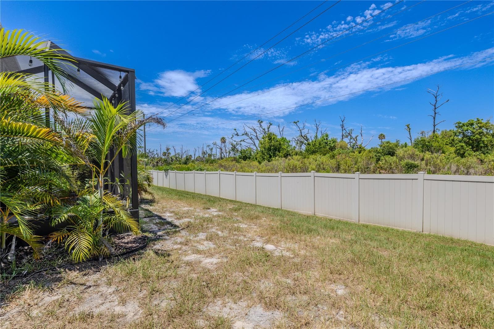 A fenced rear yard stretches alongside the screened lanai, creating useful outdoor space with a broad green backdrop that adds privacy and an open feel. - 3029 JACOB CROSSING LN, HOLIDAY