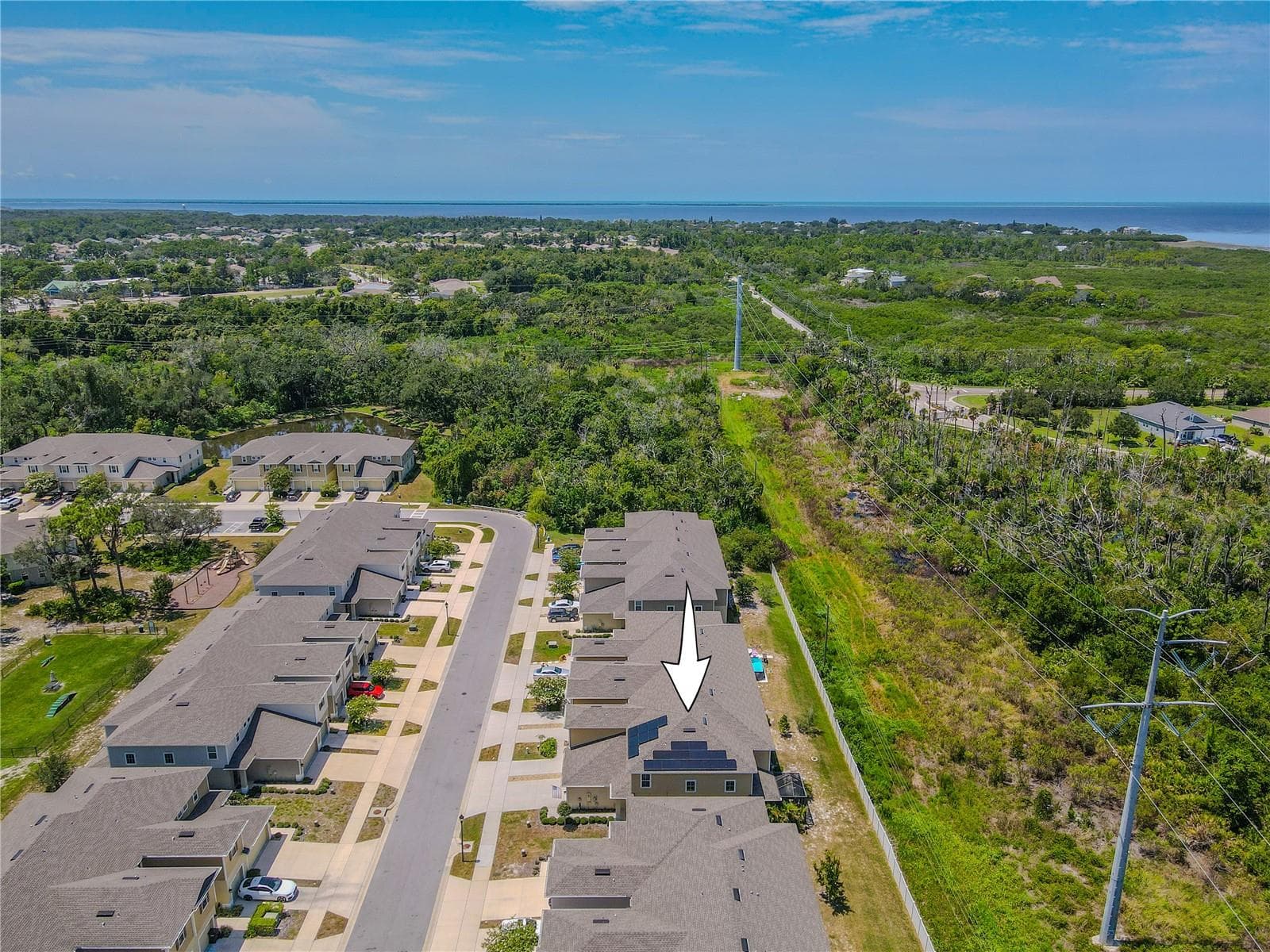 An elevated aerial view puts the home’s coastal setting into perspective, with the Gulf of Mexico visible in the distance and an expansive stretch of natural greenery between the community and the shoreline. - 3029 JACOB CROSSING LN, HOLIDAY