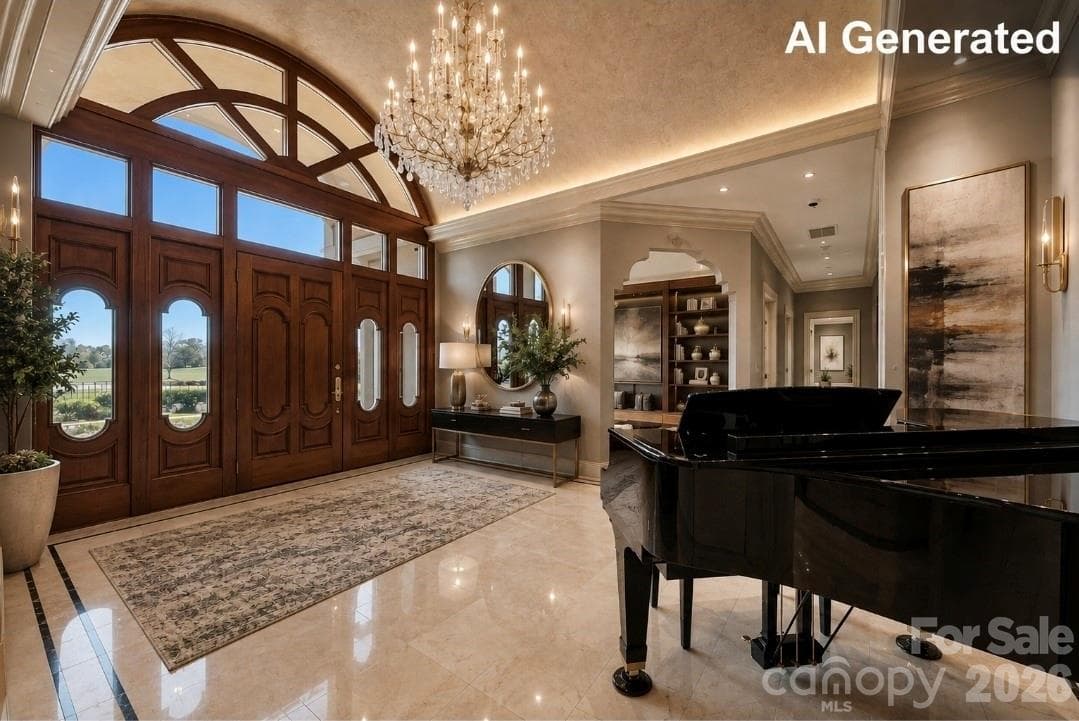 Grand marble foyer featuring soaring ceilings, crystal chandelier, and timeless architecture. - 3619 Links Drive NE, Conover