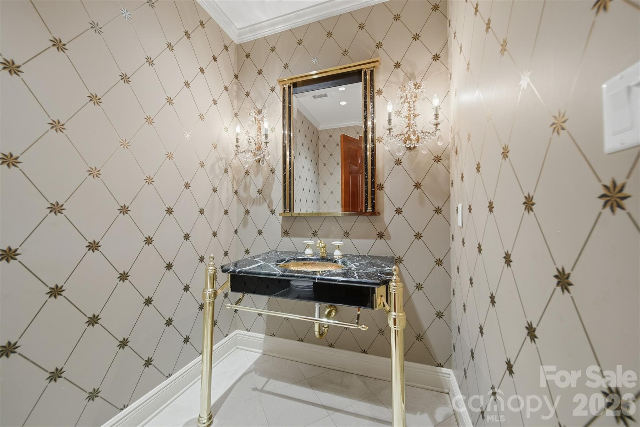 Elegant powder room with custom wallpaper and designer fixtures - 3619 Links Drive NE, Conover
