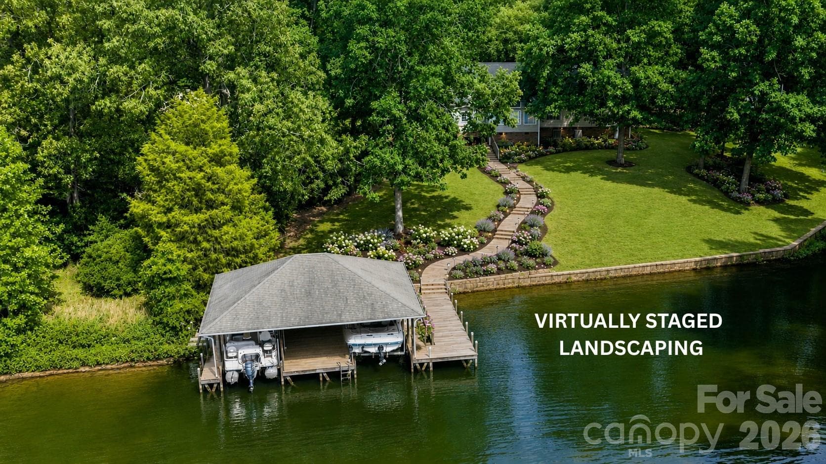 Virtually Staged Landscaping to boathouse. - 130 Canoe Court, Mount Gilead