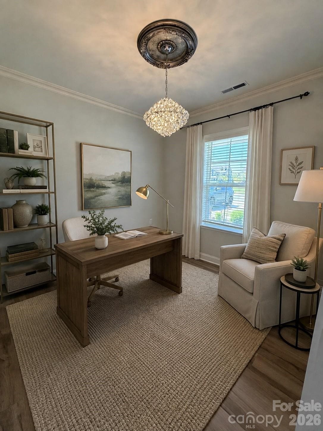 Main level flex room or home office featuring beautiful flooring, thoughtfully curated upgraded lighting, and fresh paint. (Virtually staged) - 1318 Poppy Way, Matthews
