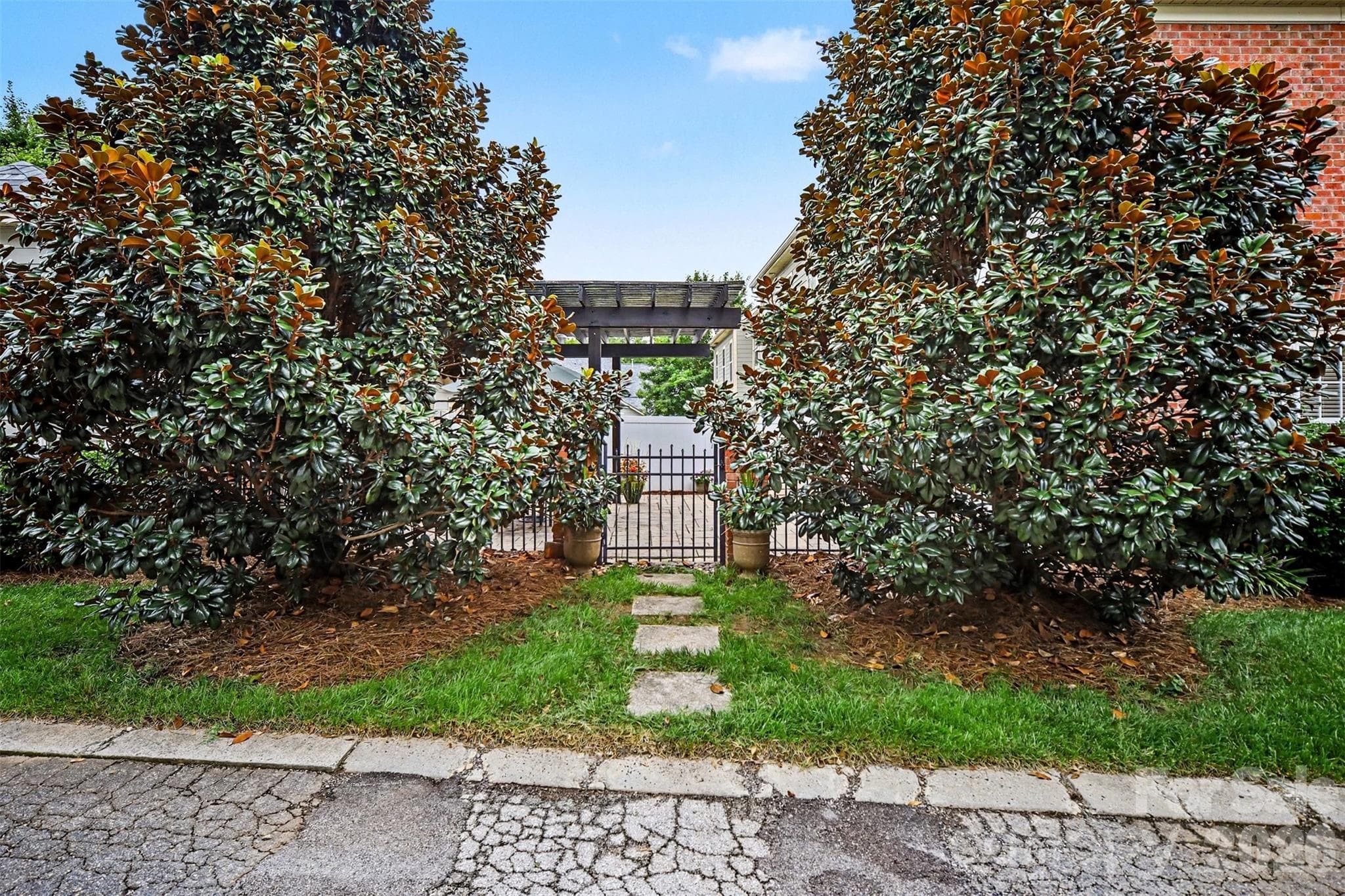 Extremely private courtyard. This is the entry from the side alley.  These large Magnolia trees make the courtyard feel more like having a yard but with NO maintenance! - 438 Magnolia Street, Davidson