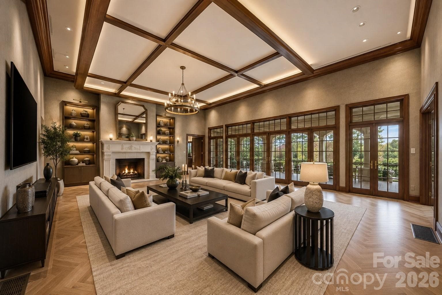 Elegant great room with soaring ceilings, custom built-ins, and gas log fireplace. - 3619 Links Drive NE, Conover