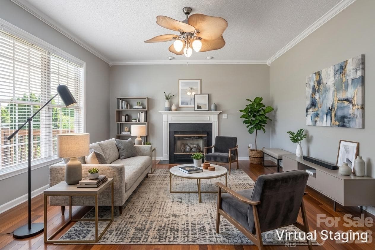 Family room with gas-log fireplace, hardwood floors and windows to the backyard, open to the kitchen and breakfast area. - Fletcher