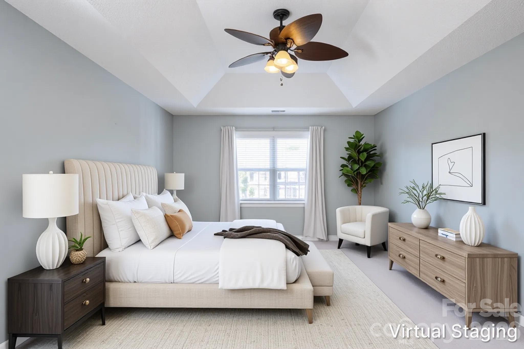 Upstairs primary suite with tray ceiling, ceiling fan, walk-in closet and en-suite bath with soaking tub and separate shower. - Fletcher