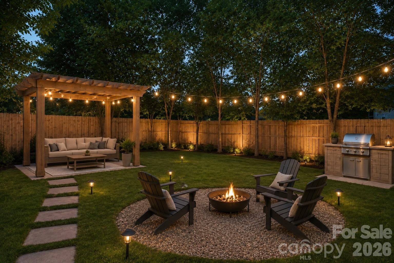 Fully fenced backyard. Virtually staged - Twilight - 104 1st Avenue, China Grove