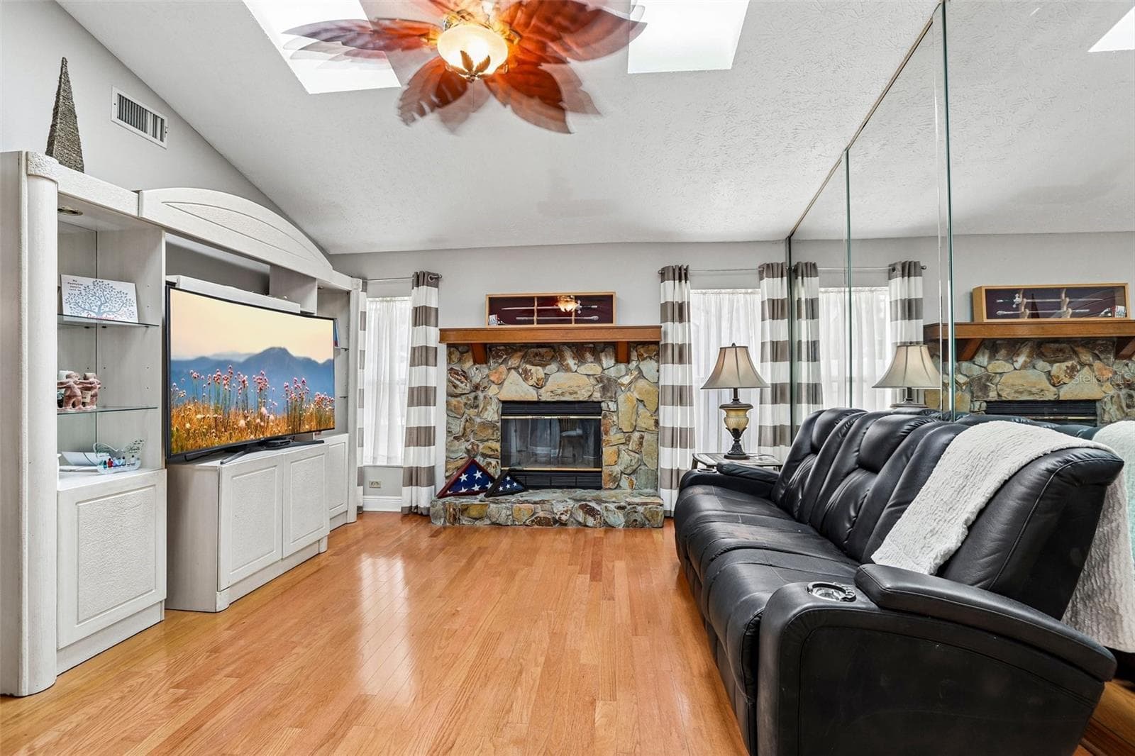 Family room with sky lights and wood burning fireplace - 1424 DUMONT DR, VALRICO
