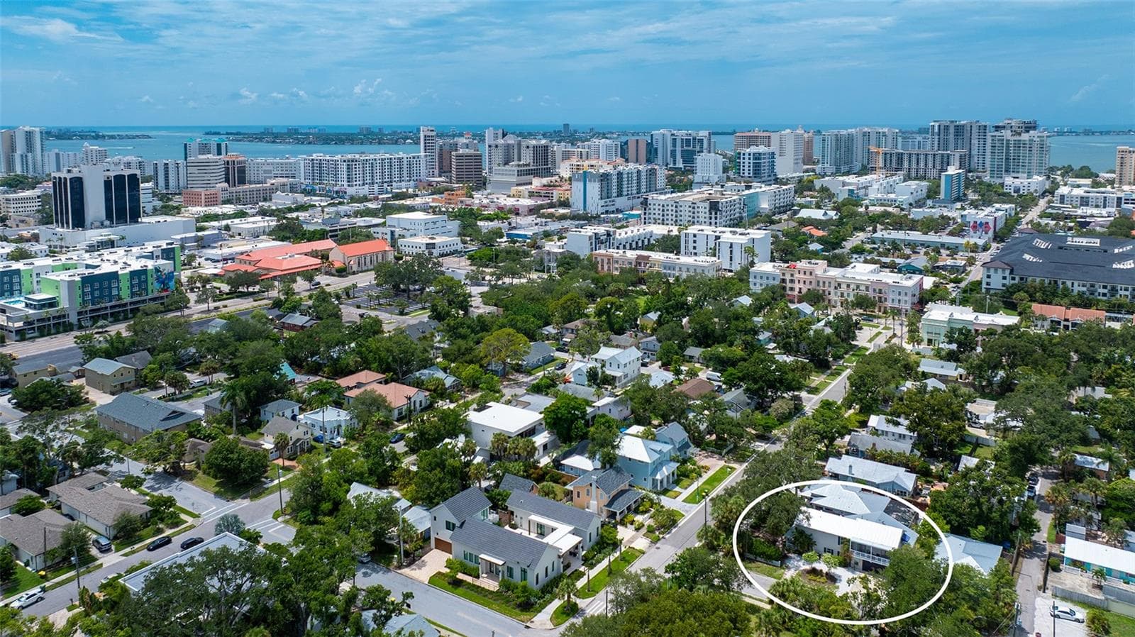 Aerial perspective highlights the property’s exceptional urban location surrounded by established neighborhoods and minutes from Downtown Sarasota. - 1685 6TH ST, SARASOTA