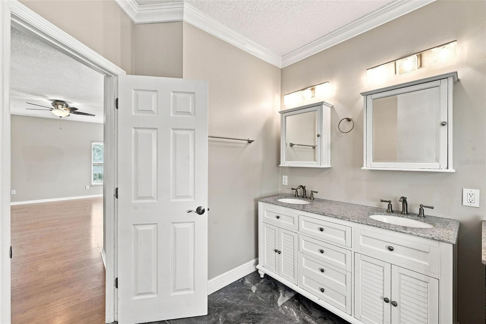 Primary En-Suite Vanity Area offers dual sinks, ample cabinetry, generous counter space, and convenient access to the primary suite. - 1349 VALLEY PINE CIR, APOPKA