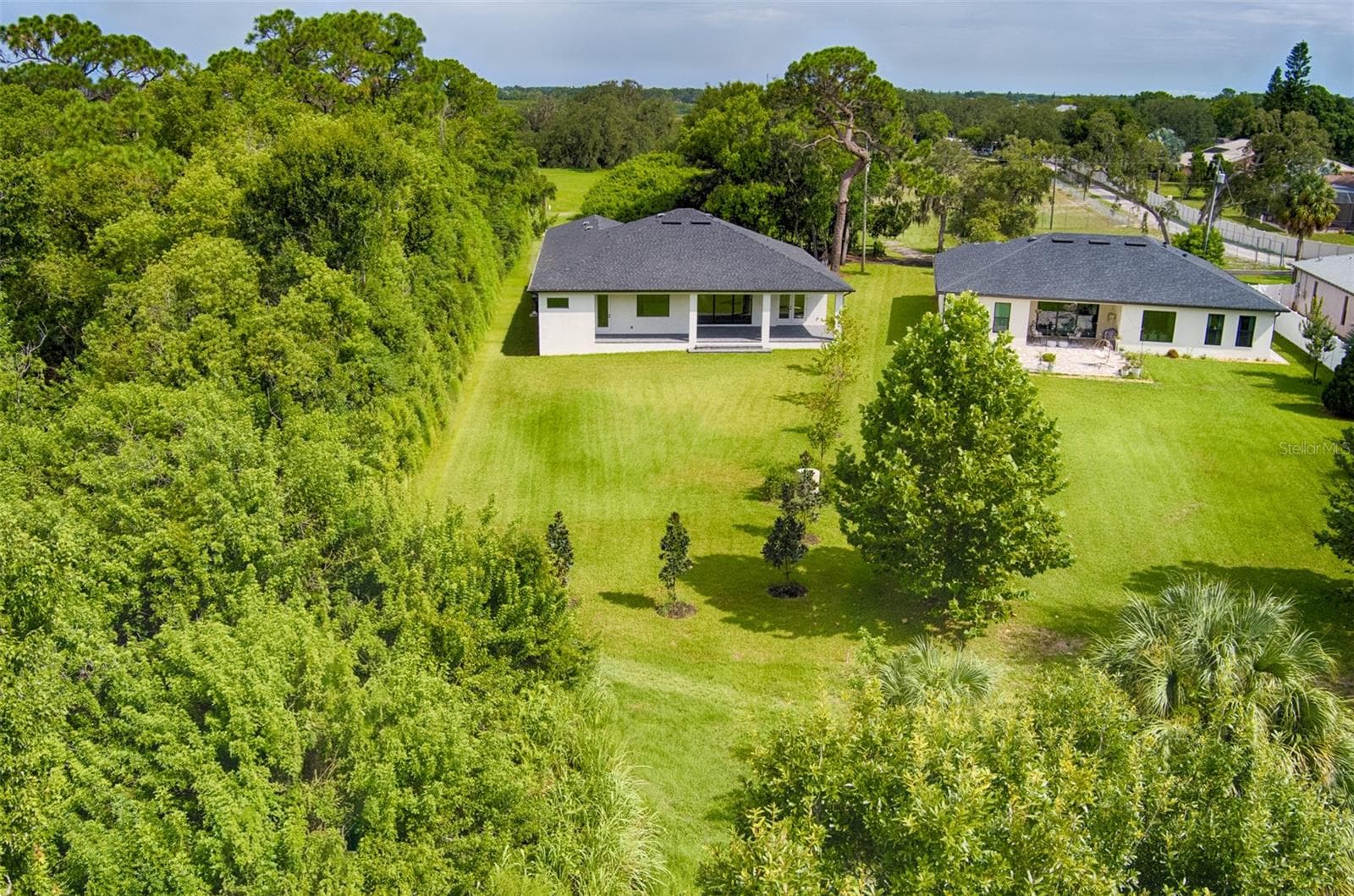 Aerial view of the expansive backyard, offering plenty of open green space and a peaceful, private setting surrounded by lush nature. Imagine adding a pool, a playground, an outdoor kitchen, or your own backyard oasis—the possibilities are endless! - 1336 HAYS RD, TARPON SPRINGS