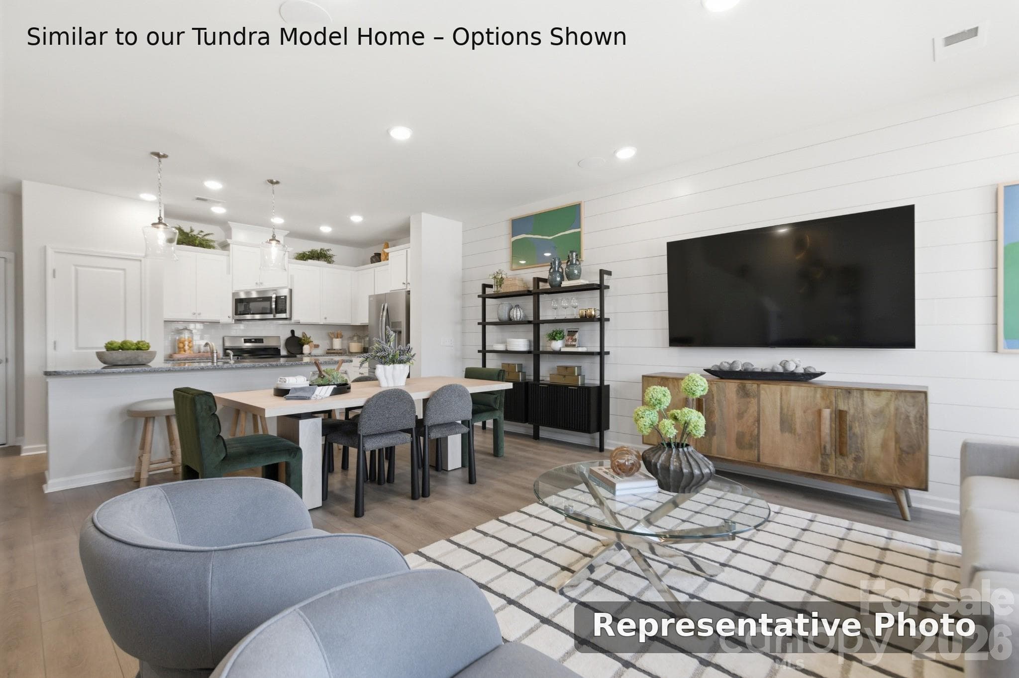 Rendering of Spacious Living Room Flowing Seamlessly into Dining Area and Kitchen - 6609 Fire Lily Lane, Charlotte