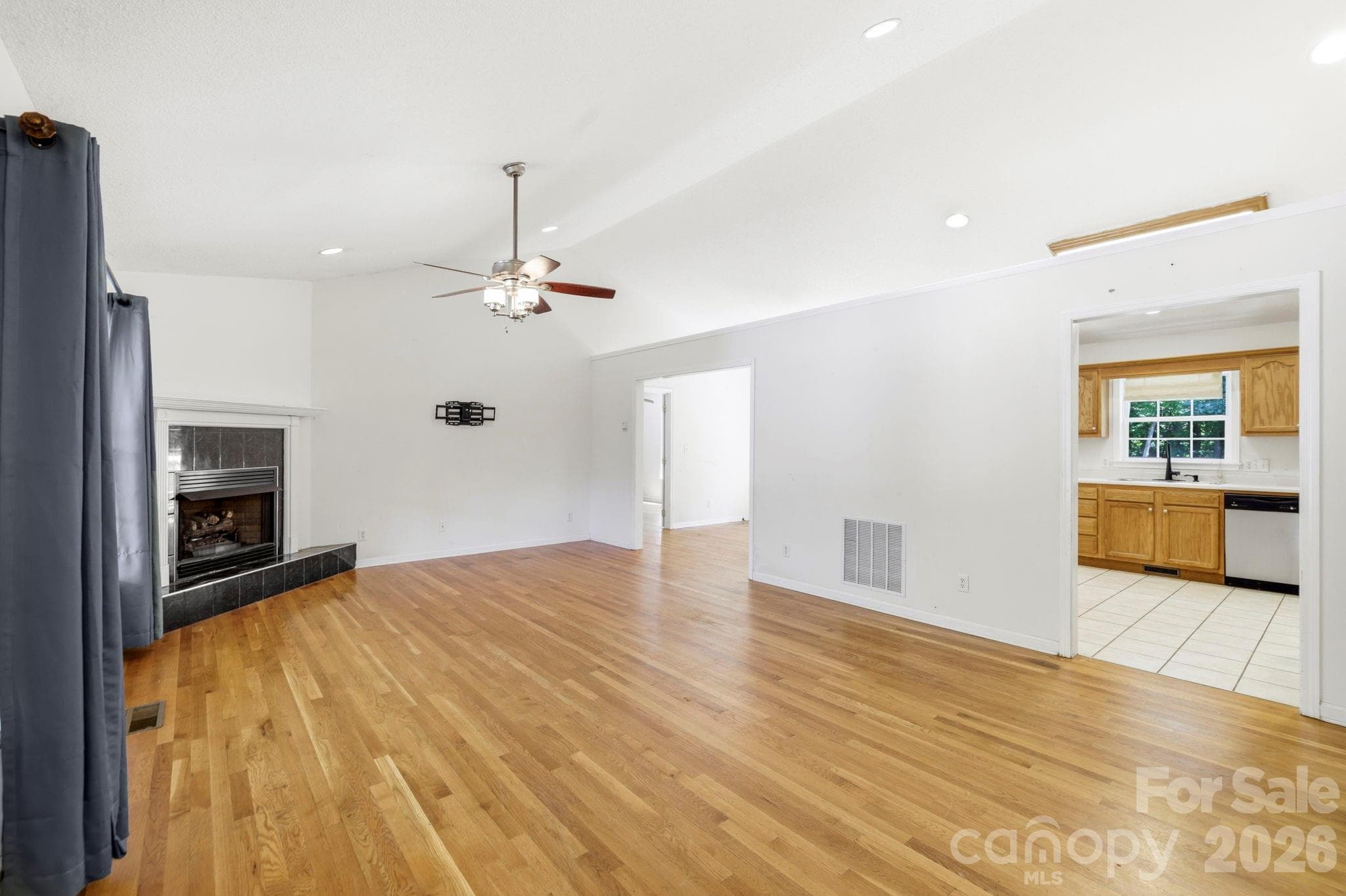 Family room with fireplace - 62 Chickwood Trail, Weaverville