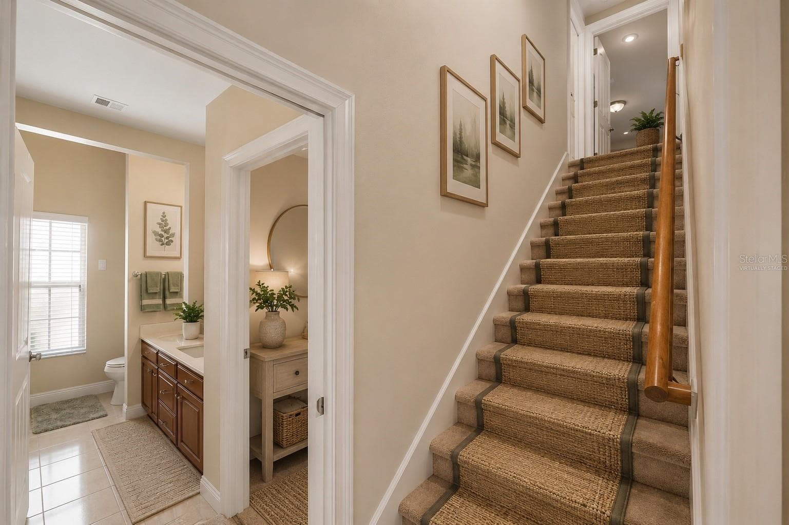 Staircase leads to bonus room, virtually staged - 1446 SW 87TH ST, GAINESVILLE