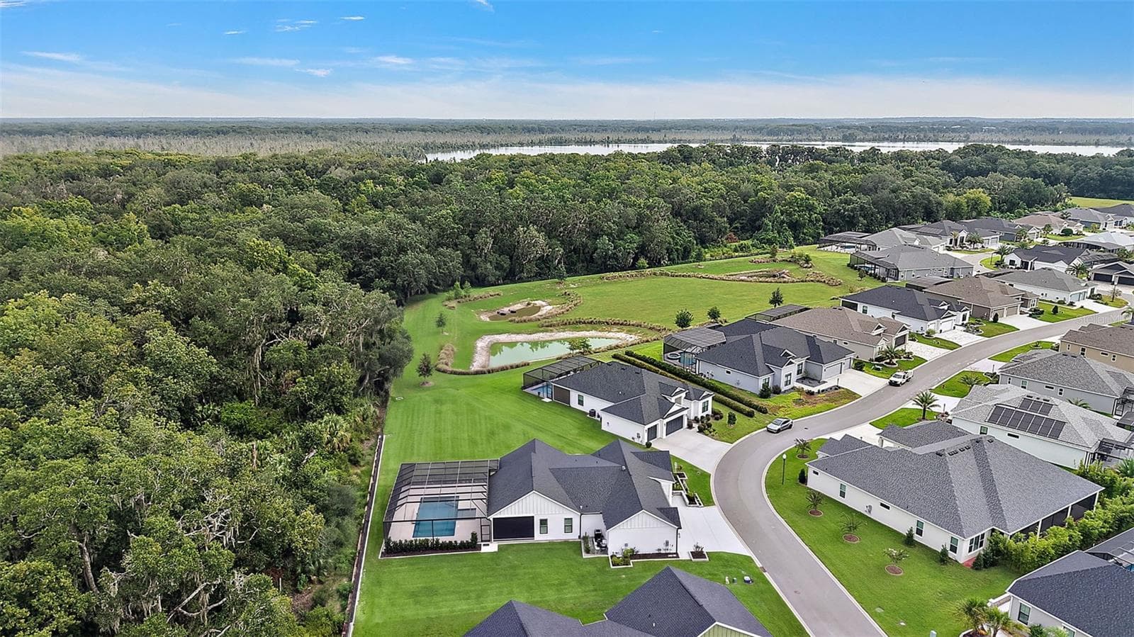 Aerial Side Elevation with EXPANSIVE Lake Okahumpka PRESERVE VIEWS! - 724 SHIVERS LOOP, THE VILLAGES