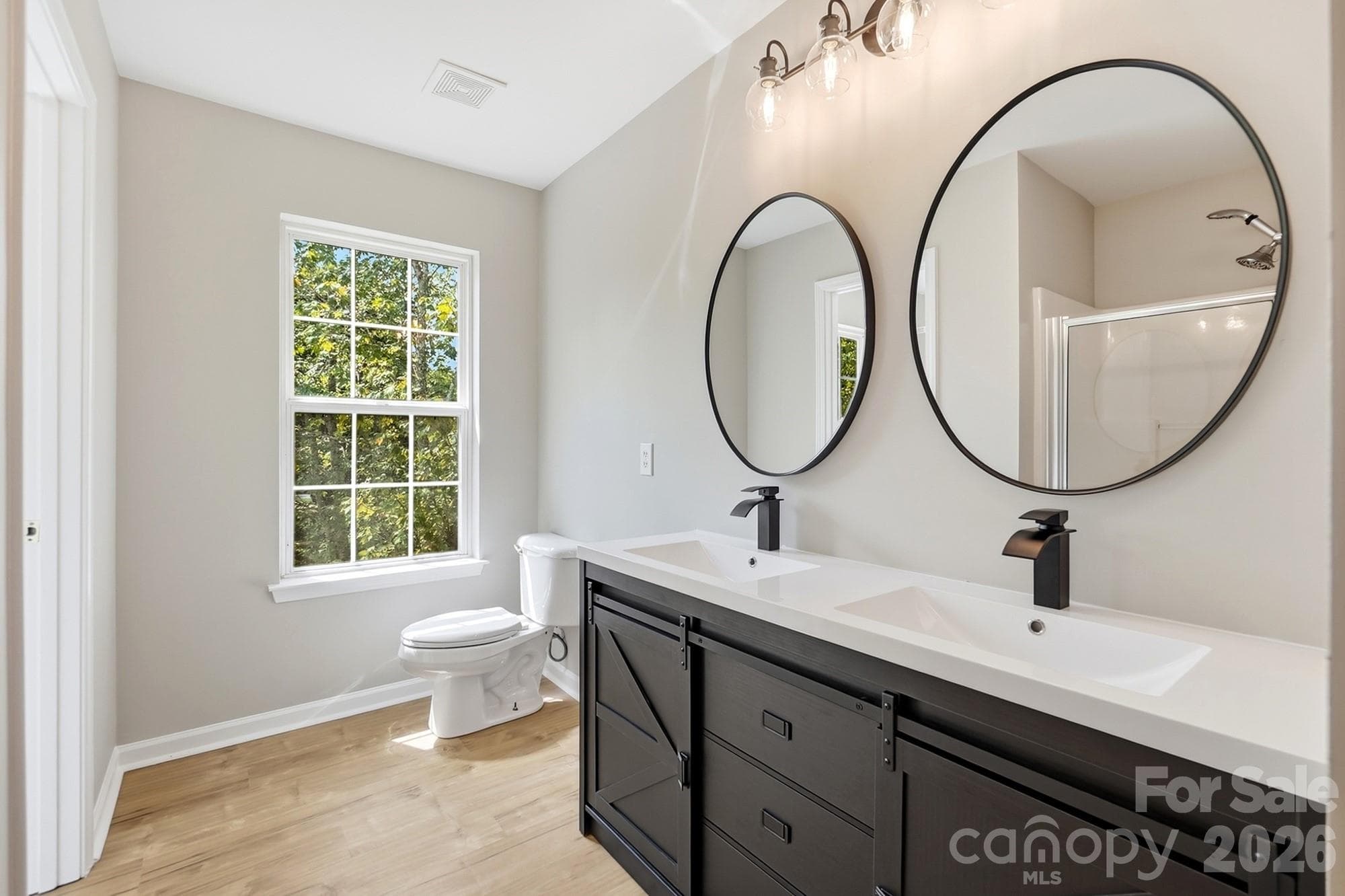 Primary Bathroom with upgraded vanity, mirrors and lighting - 11402 Heritage Green Drive, Cornelius