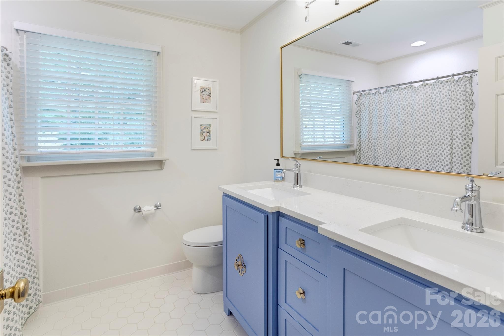 The upstairs hall bath features a custom vanity with quartz countertops. - 215 Bethel Drive, Salisbury