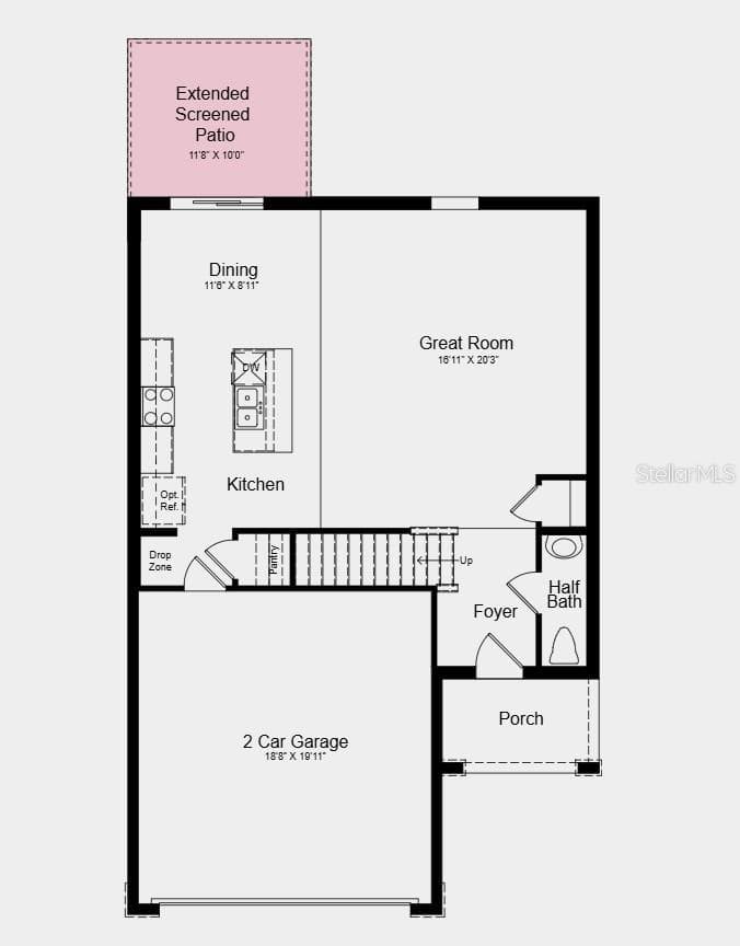 First Floor Plan - Additional Highlights Include: GE refrigerator, washer and dryer, extended LVP flooring on the first floor, window blinds throughout, and vertical blinds on the sliding glass door - 9309 CHISWELL LN, PALMETTO