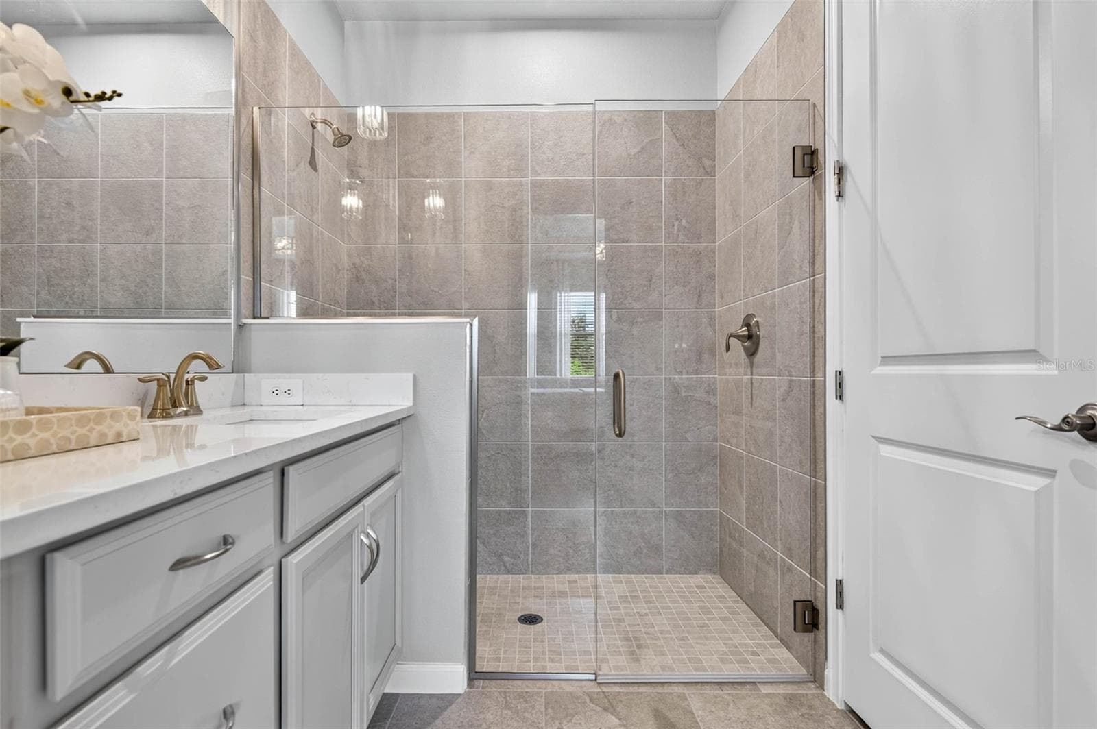 Frameless glass enclosure, seamless transition from floor to shower and turn-on valve to allow water to warm up before stepping in - 864 SNAIL KITE PL, SUN CITY CENTER