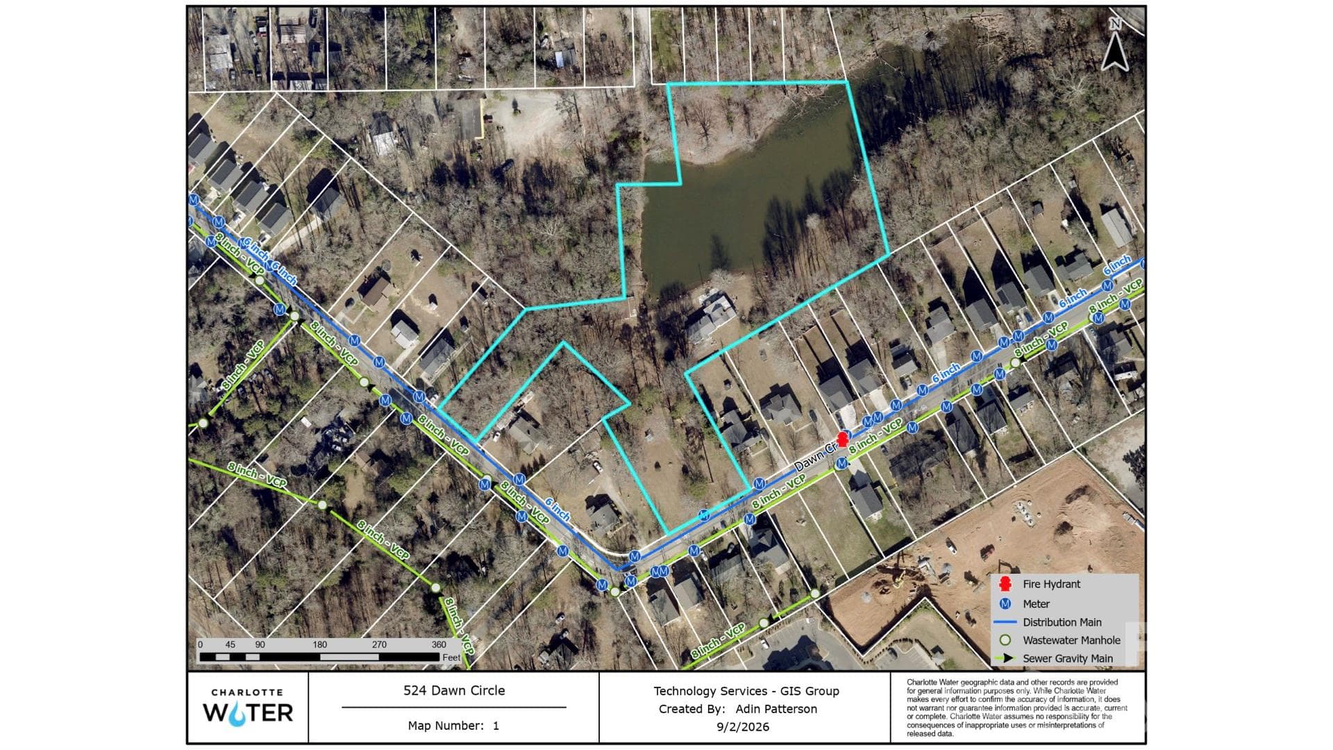 Charlotte Water - Sewer and Water Line map - 524 Dawn Circle, Charlotte