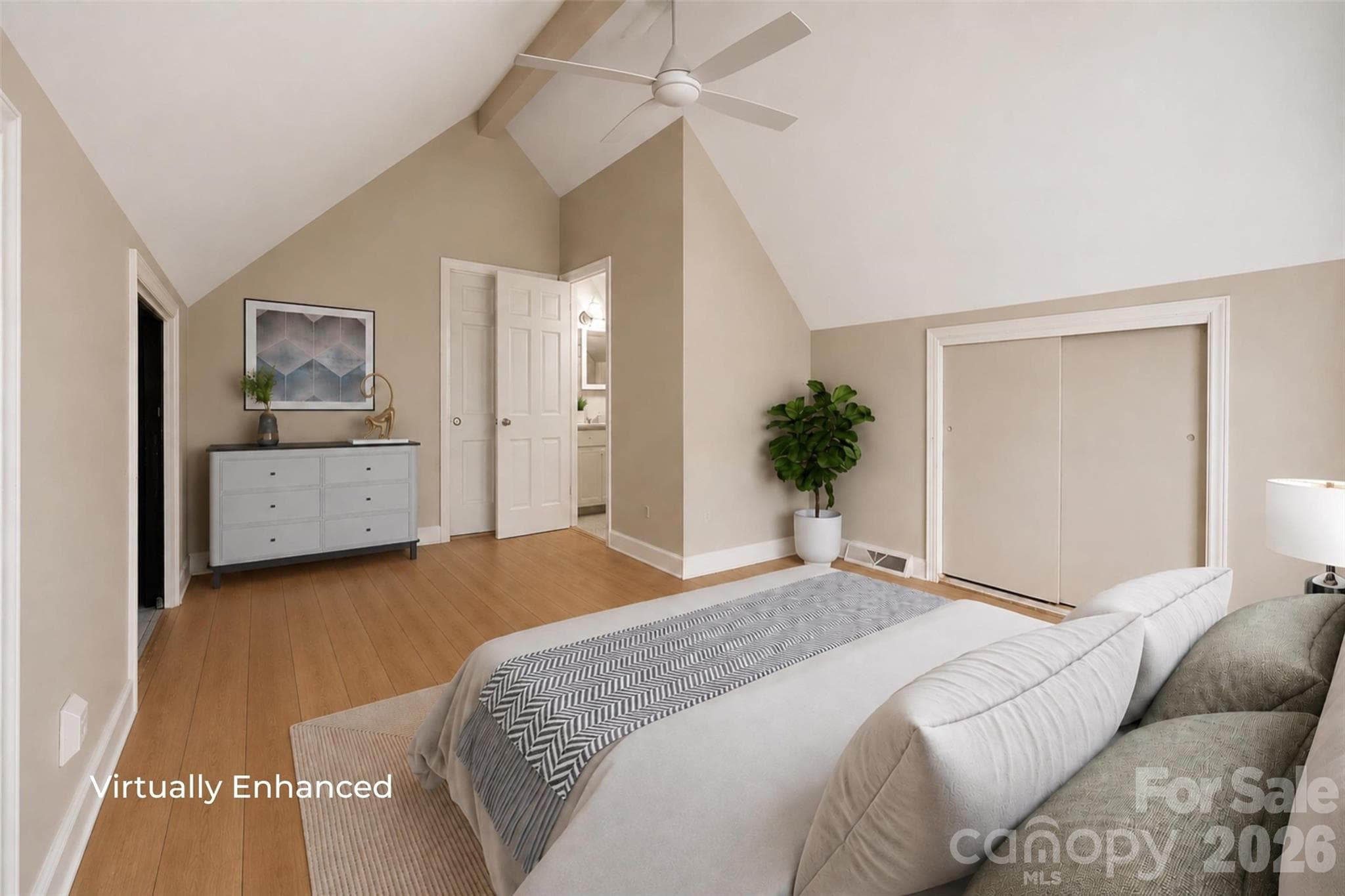 Virtually enhanced primary bedroom - 131 Baywatch Drive, Mooresville