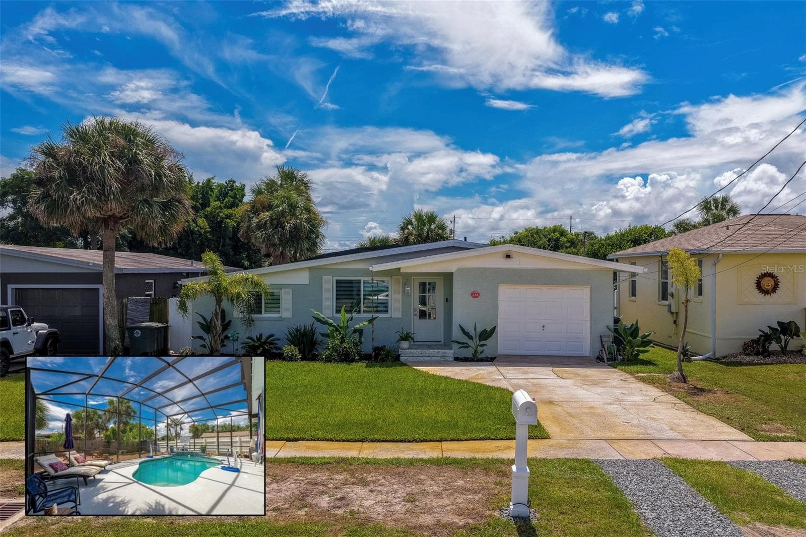 Renovated home with tropical landscaping, an attached garage, and a welcoming front entry. The inset highlights a screened-in pool and spacious deck area, ideal for relaxing or outdoor entertaining. - 348 WOODLAND AVE, DAYTONA BEACH