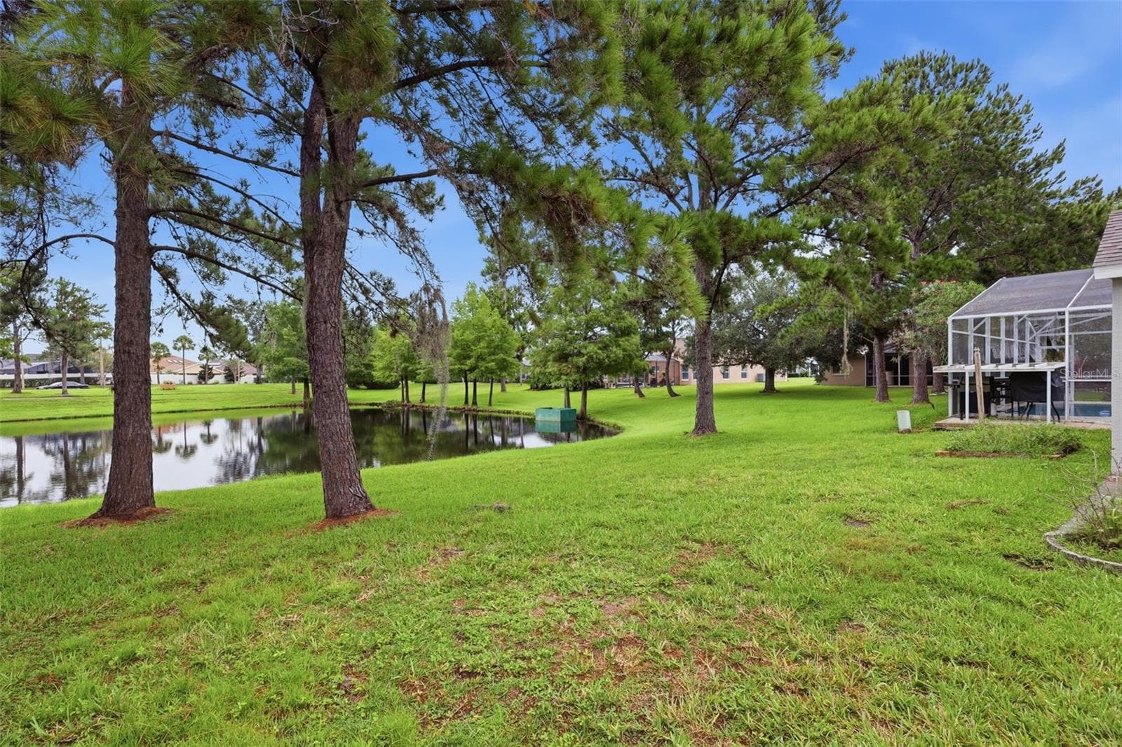 A spacious backyard and mature trees complement the home's peaceful pond setting. - 13637 EMERALDVIEW DR, ORLANDO