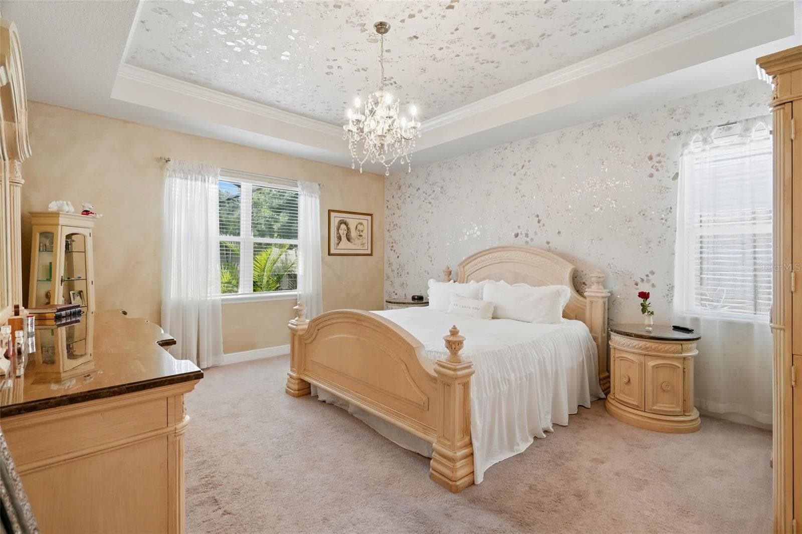 Spacious primary suite with tray ceiling and custom decorative wall and ceiling finishes. - 11750 LAKE LUCAYA DR, RIVERVIEW